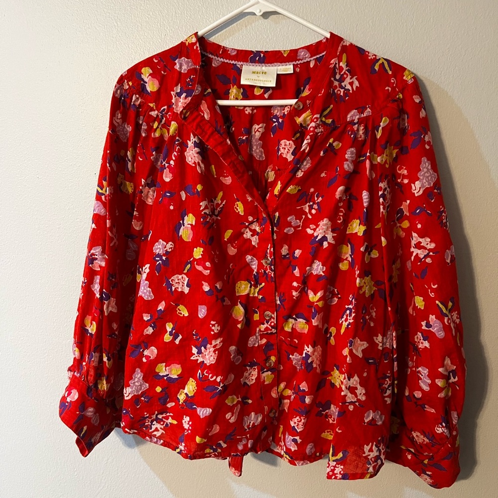 Maeve Anthropologie XL Red Floral Button Front Blouse